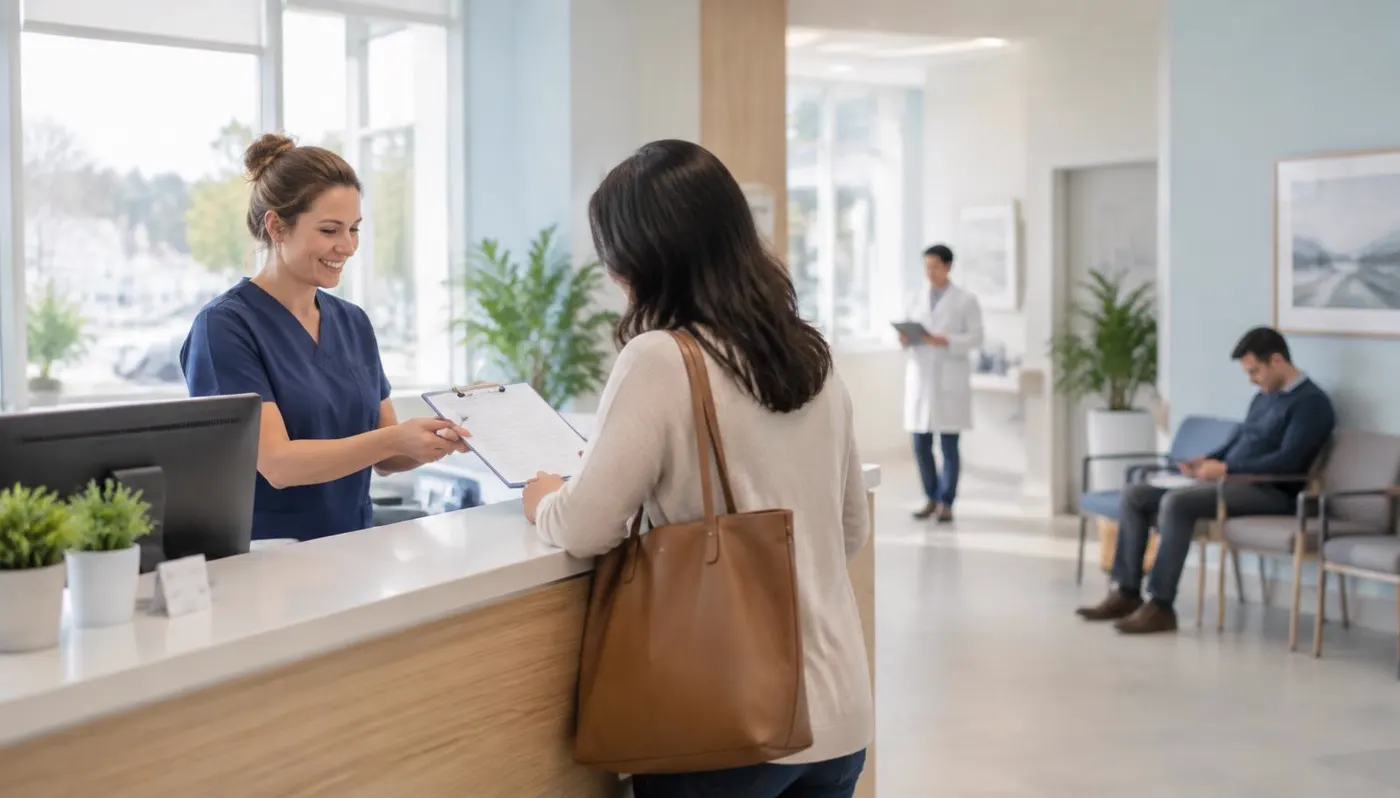 A nurse welcoming a patient at the reception desk of a modern walk-in clinic