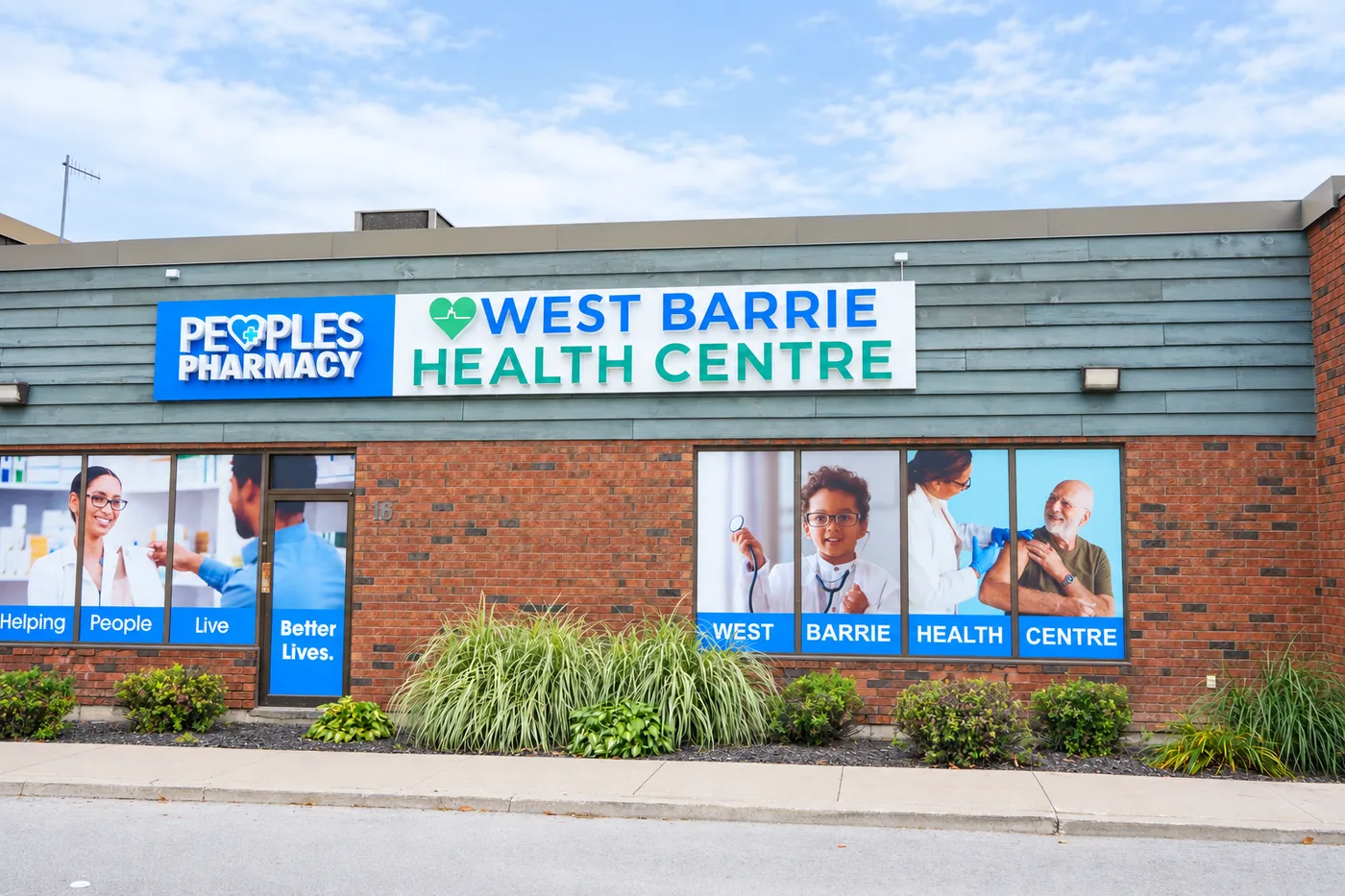 The West Barrie Health Centre storefront with West Barrie Peoples Pharmacy signage